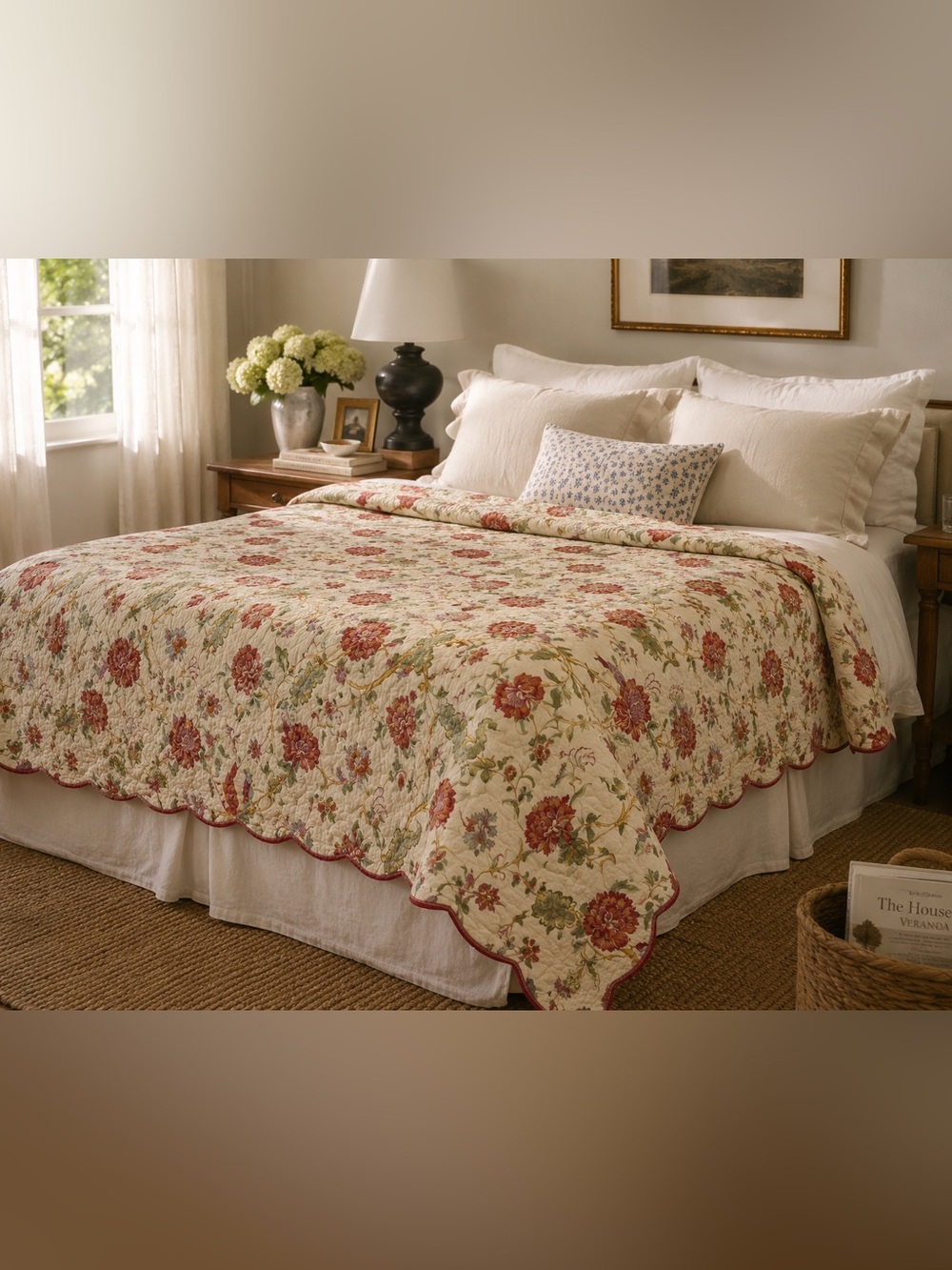 Classic Floral Quilted Bedspread in Cream and Red